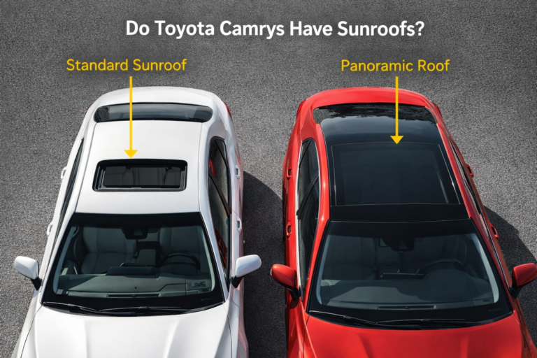 Top view comparison answering “Do Toyota Camrys Have Sunroofs?” showing a Camry with a standard sunroof beside one with a panoramic roof.