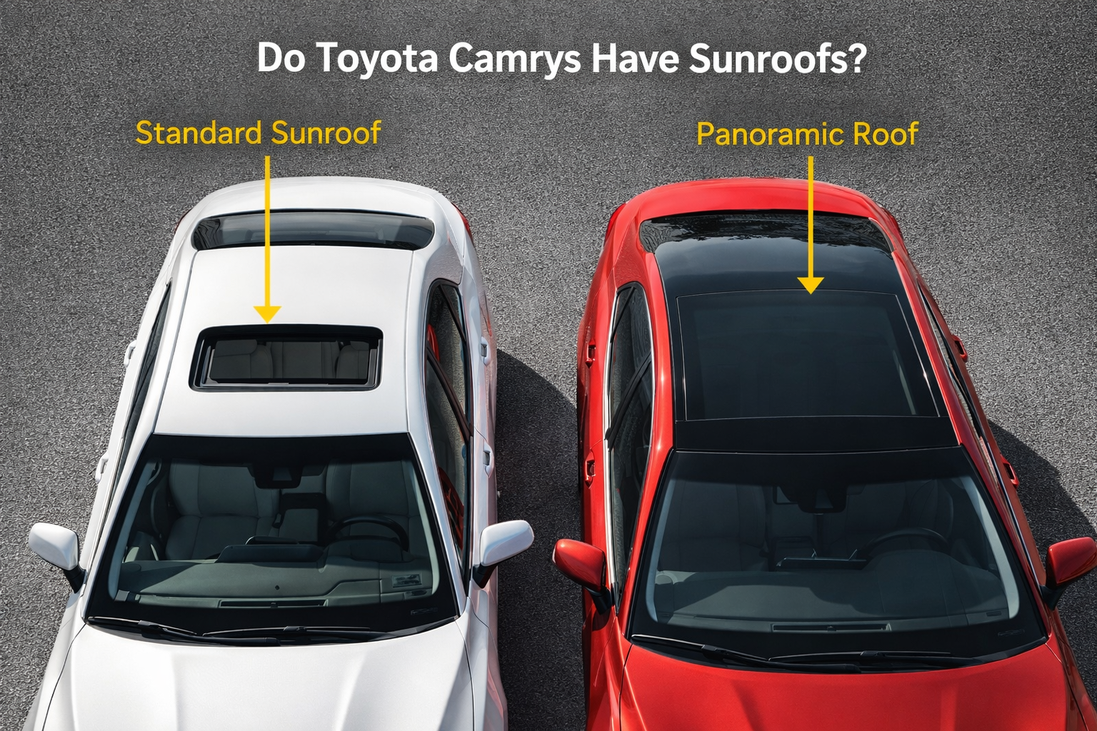 Top view comparison answering “Do Toyota Camrys Have Sunroofs?” showing a Camry with a standard sunroof beside one with a panoramic roof.