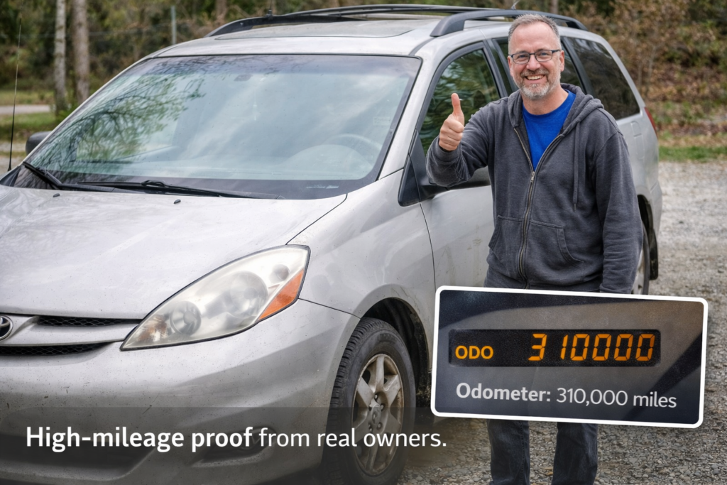 Do Toyota Siennas reach 300k miles? Owner standing beside high-mileage Toyota Sienna with odometer showing 310,000 miles.