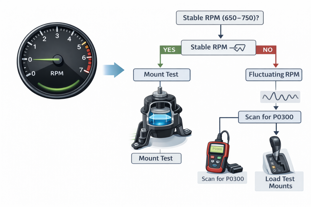 Step-by-step Toyota Corolla idle vibration diagnosis flowchart showing RPM check, mount test, OBD scan, and load test process.
