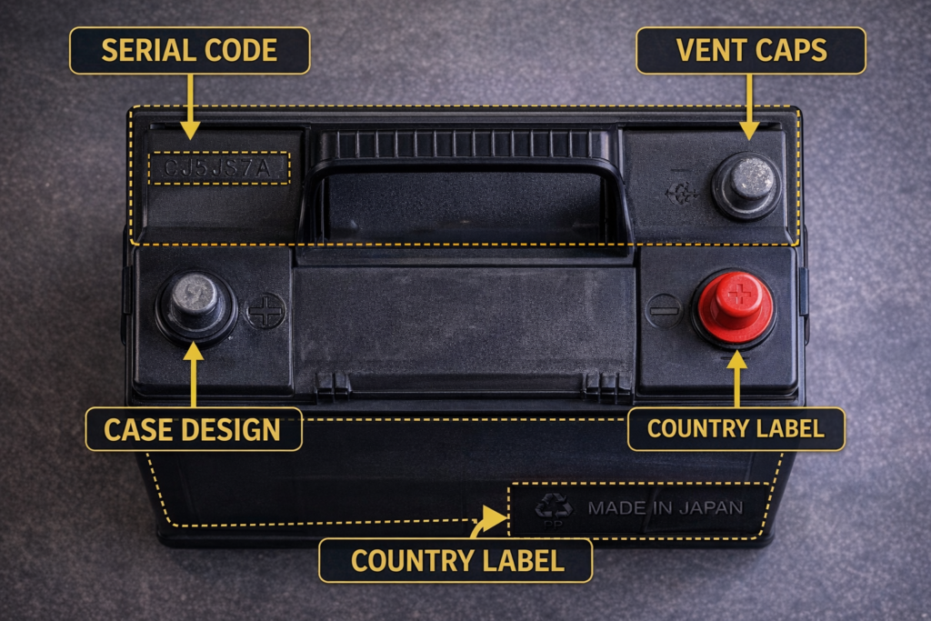 How Can You Tell Who Made Your Toyota Battery? close up showing serial code, vent caps, case design and country label identifiers
