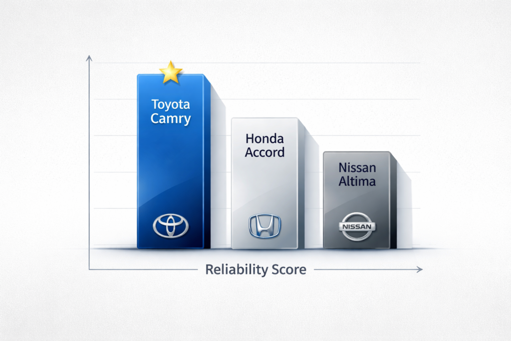 Toyota Camry reliability vs Honda Accord and Nissan Altima bar chart showing higher reliability score for Camry compared to rivals
