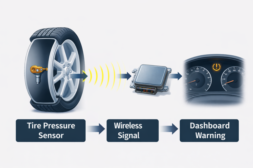 Diagram explaining How Does the Camry TPMS System Work, showing tire pressure sensor sending wireless signal to ECU and dashboard warning.