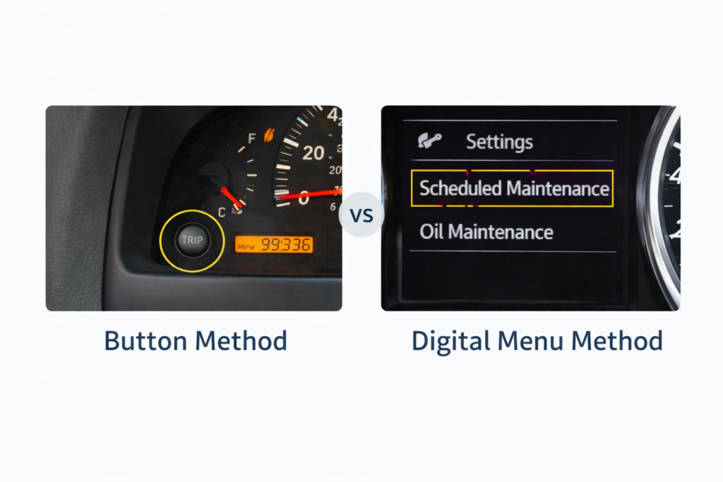 Side-by-side Toyota Camry dashboard showing button method vs digital menu method for resetting maintenance light on hybrid models.
