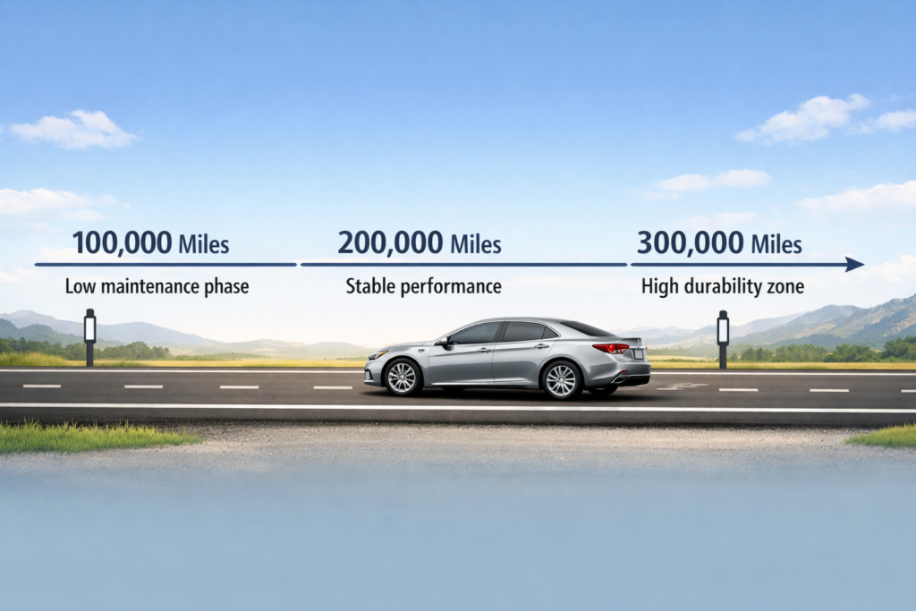 Toyota Camry lifespan timeline showing 100k, 200k, and 300k miles with car moving forward, highlighting durability and long-term reliability
