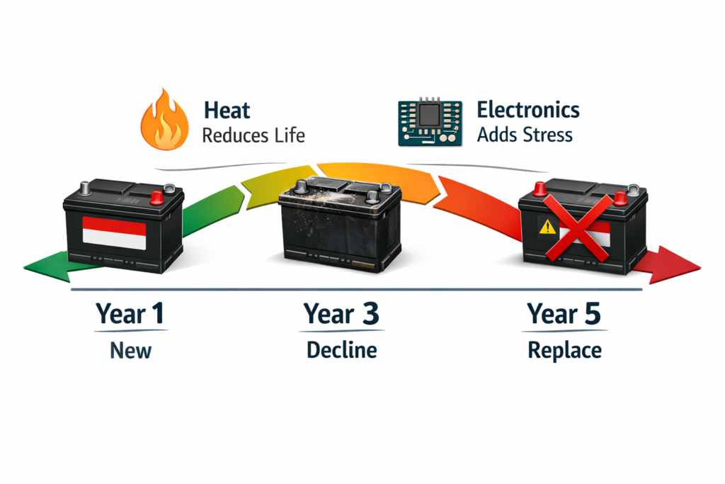 How Long Do Toyota TrueStart Batteries Last? timeline showing year 1 new, year 3 decline, year 5 replace with heat and stress icons
