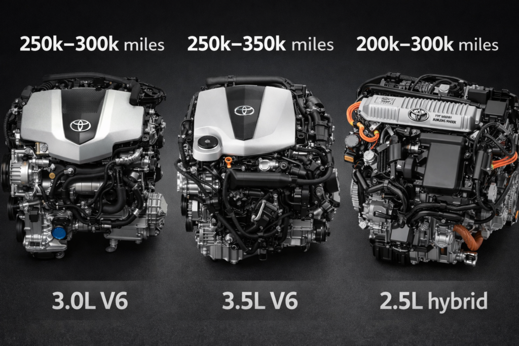 Side-by-side Toyota Sienna engines (3.0L V6, 3.5L V6, 2.5L hybrid) showing lifespan comparison to explain **how long does a Sienna engine last**.
