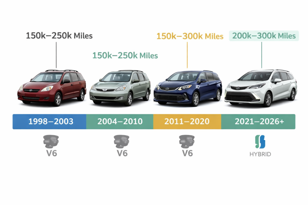How Long Does Each Sienna Generation Last timeline infographic showing 1998–2026 Toyota Sienna models with expected mileage ranges.
