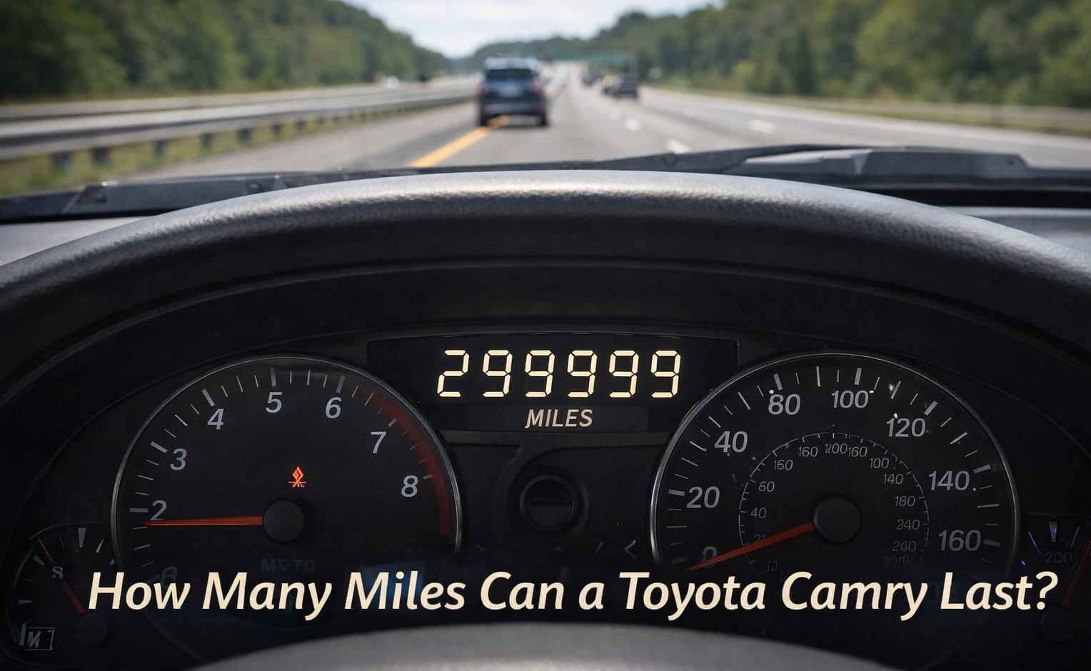 Toyota Camry dashboard showing 299,999 miles on odometer during highway drive illustrating **How Many Miles Can a Toyota Camry Last?** question.