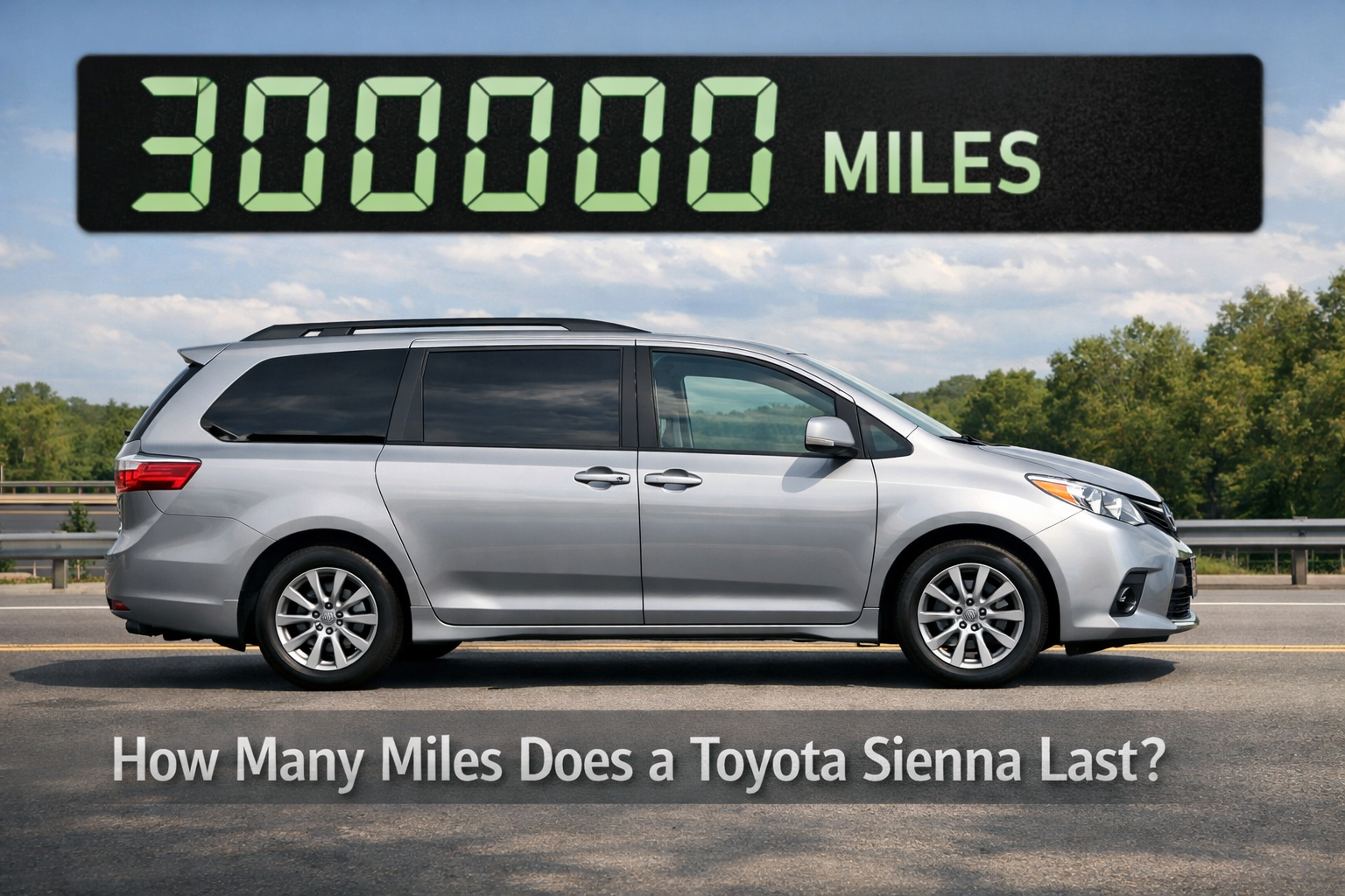 Silver Toyota Sienna on a road with a digital odometer showing 300,000 miles, illustrating **How Many Miles Does a Toyota Sienna Last?** reliability concept.