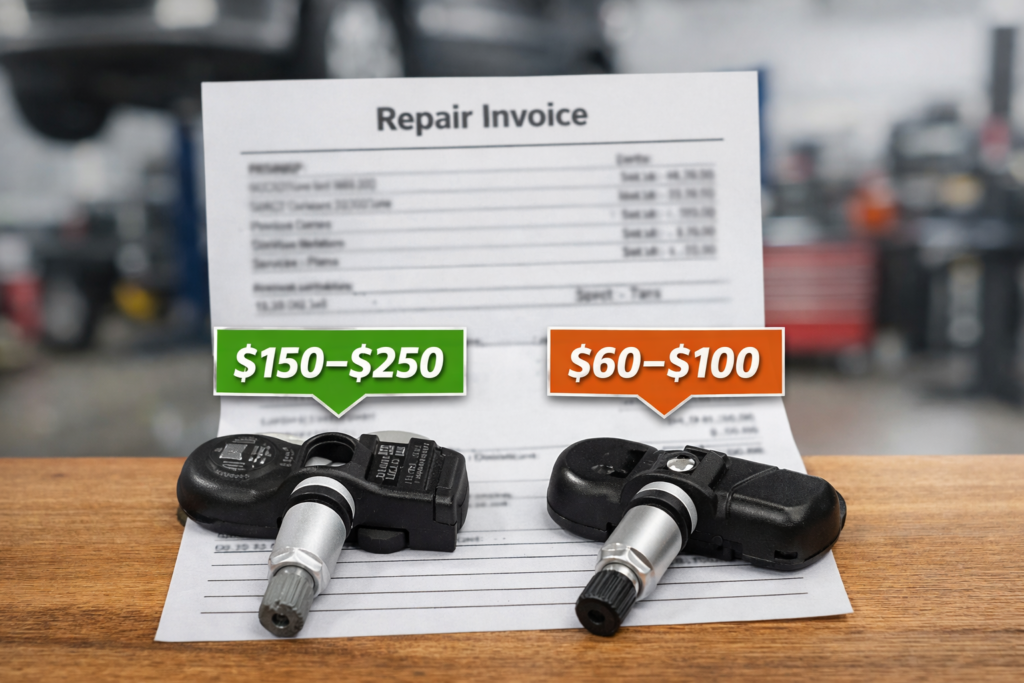 TPMS sensor replacement cost comparison showing OEM vs aftermarket sensor with repair invoice in auto workshop background
