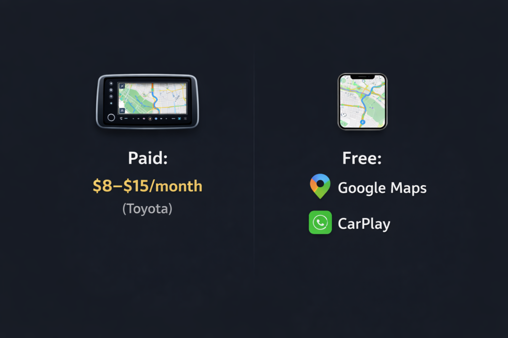 How Much Does Toyota Dynamic Navigation Cost? comparison showing $8–$15/month Toyota vs free Google Maps and CarPlay options