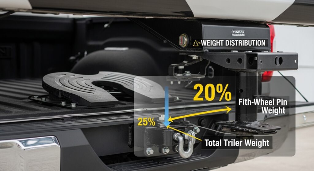 Fifth-wheel hitch setup in a Toyota Tundra truck bed showing weight distribution and pin weight, explaining how a Toyota Tundra tows a fifth-wheel trailer.
