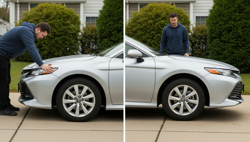 Driver pressing down on car hood to test suspension movement, demonstrating **How to Diagnose Front-End Rattle at Home** safely.