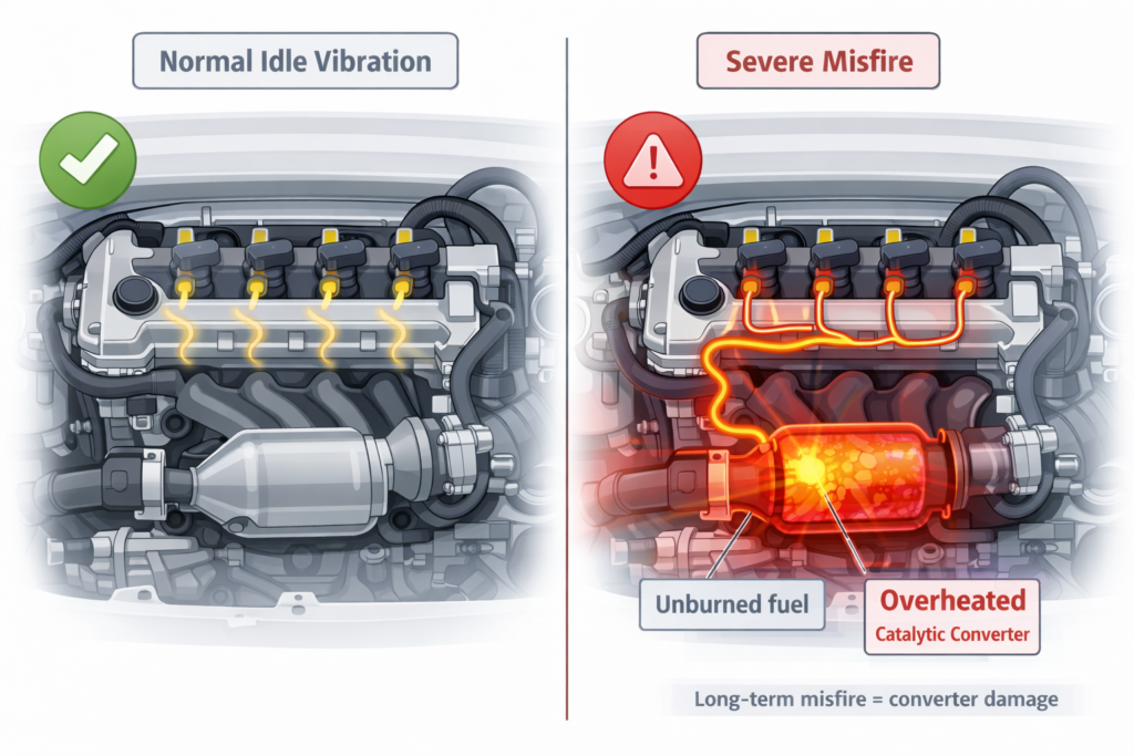 Toyota Corolla shaking at idle comparison showing normal vibration vs severe misfire with overheated catalytic converter risk
