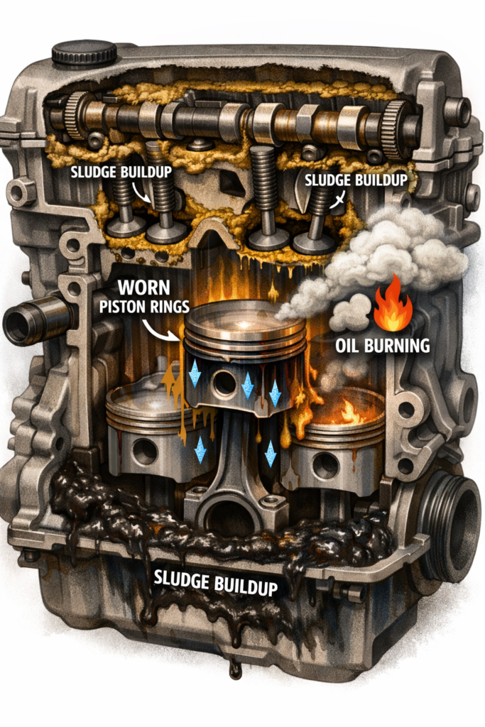 Is the 2007 Toyota Camry the Worst Year? engine diagram showing oil burning, sludge buildup, and worn piston rings issues