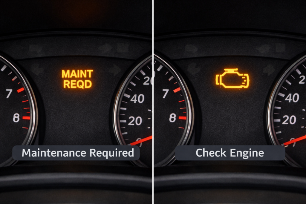 Maintenance light vs check engine light comparison showing dashboard warning symbols side by side for clear difference understanding
