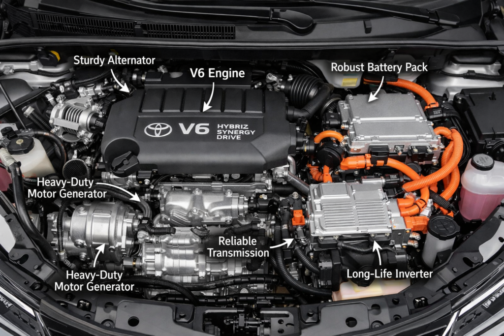 Close-up of a Toyota Sienna engine bay showing V6 engine and hybrid components, highlighting durability and reliability for long-term use.