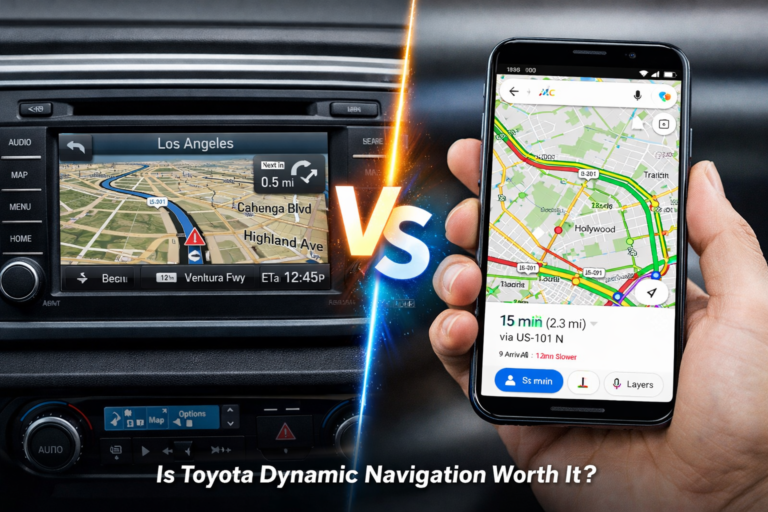 Split-screen Toyota navigation vs Google Maps on smartphone with live traffic, comparing features — Is Toyota Dynamic Navigation Worth It?