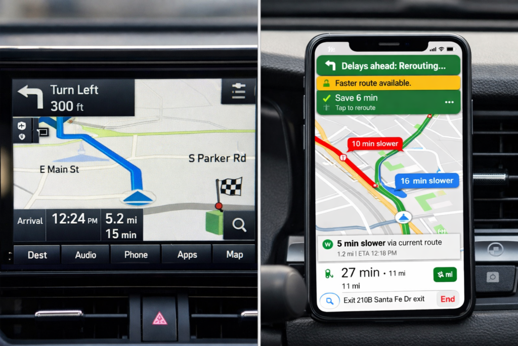 Toyota navigation vs Google Maps on CarPlay showing basic route vs live traffic, rerouting, and faster ETA comparison on screen