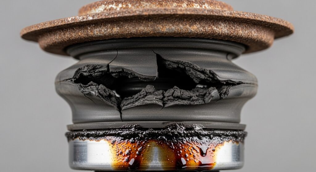 Close-up of cracked rubber strut mount showing clear **Signs of worn strut mounts and bushings** with visible damage and separation.