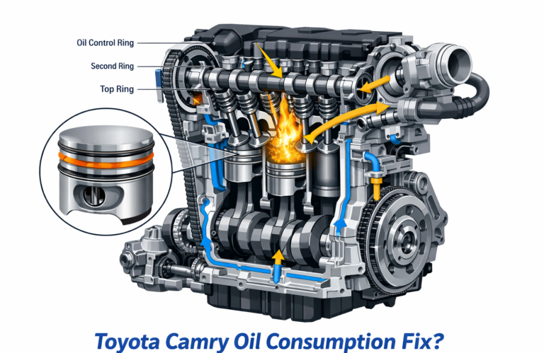 Toyota Camry engine cutaway diagram showing piston rings and oil entering the combustion chamber explaining Toyota Camry Oil Consumption Fix? issue.