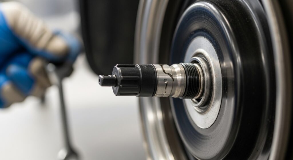 Close-up of car wheel hub with ABS sensor during brake repair, automotive mechanic inspecting axle assembly in workshop