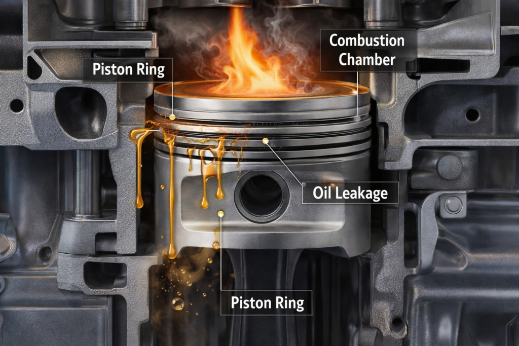 What Causes Oil Consumption in Camry Engines? piston cross-section showing oil leakage past rings into combustion chamber with smoke