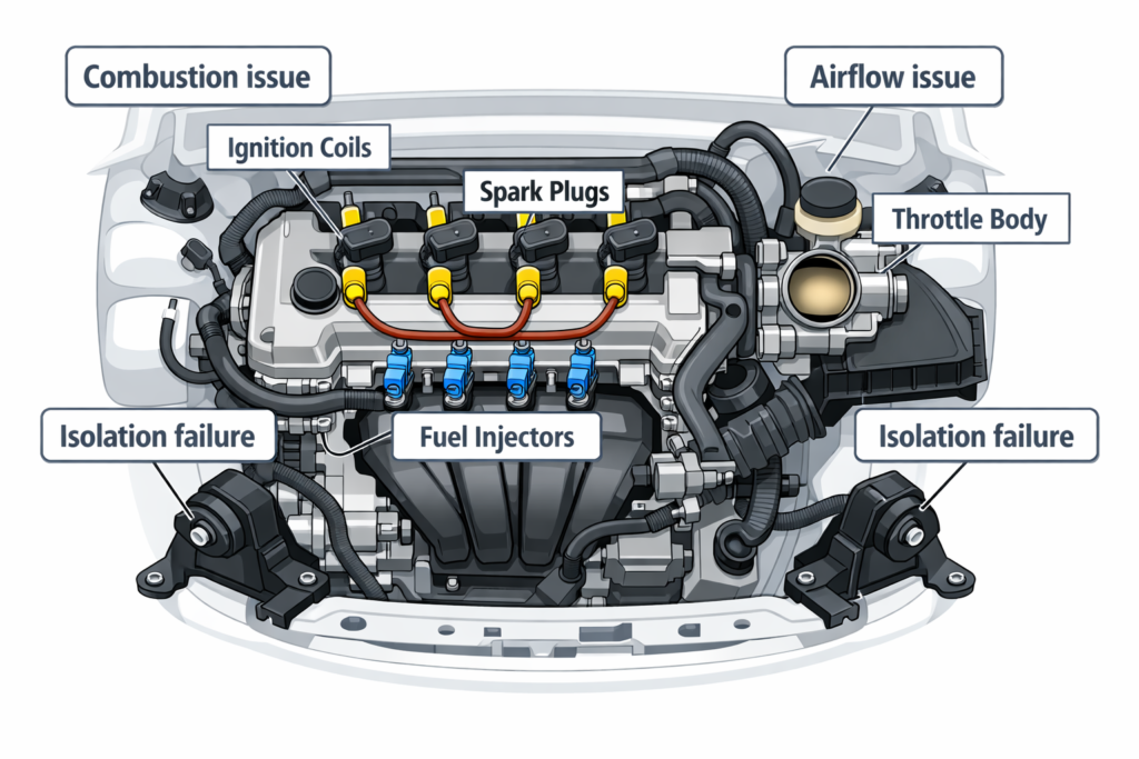 Top-down 2ZR-FE engine diagram showing ignition coils, spark plugs, throttle body, injectors and mounts causing rough idle in Toyota Corolla
