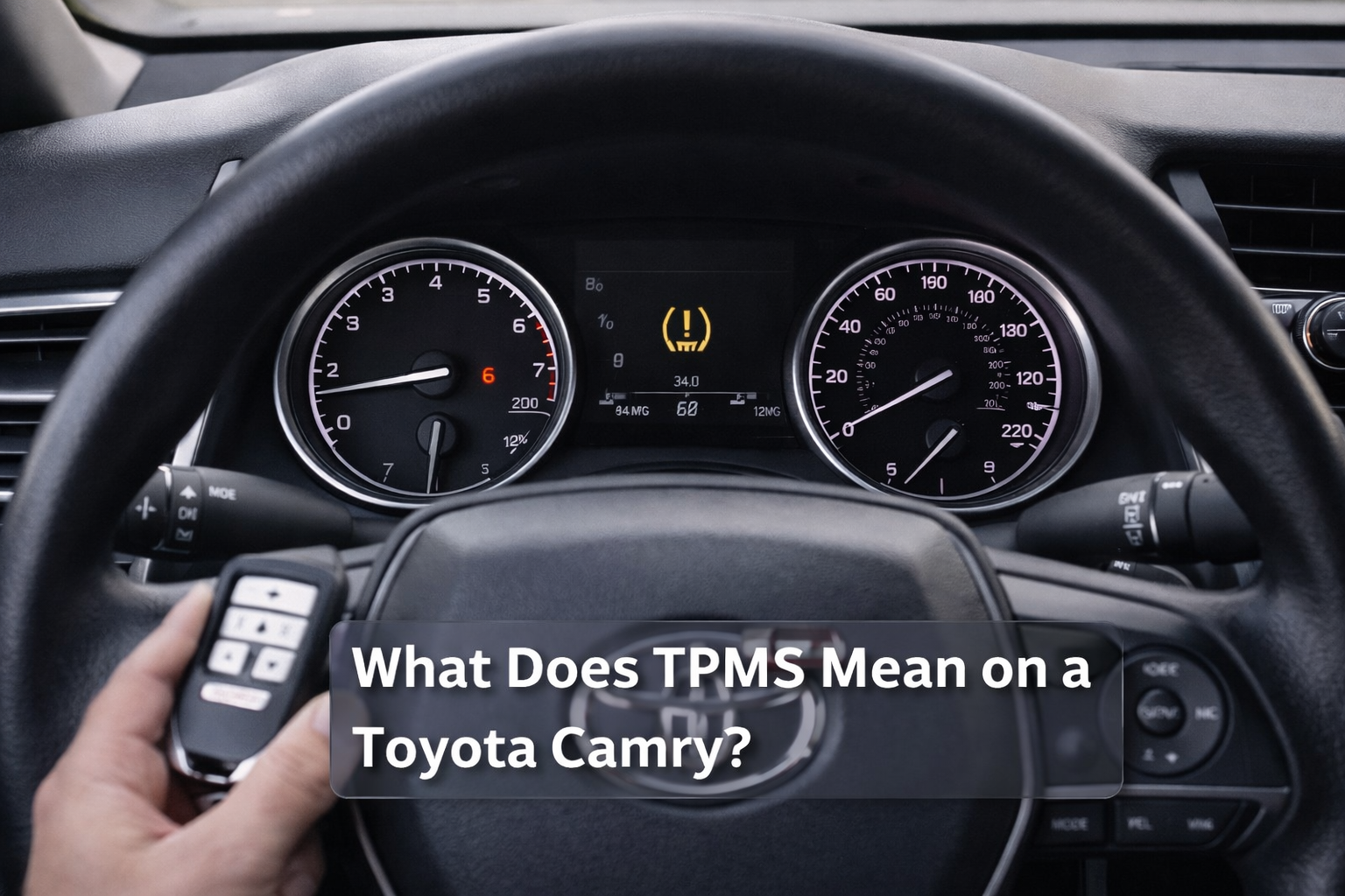 Toyota Camry dashboard showing TPMS warning light on instrument cluster, explaining What Does TPMS Mean on a Toyota Camry for drivers.