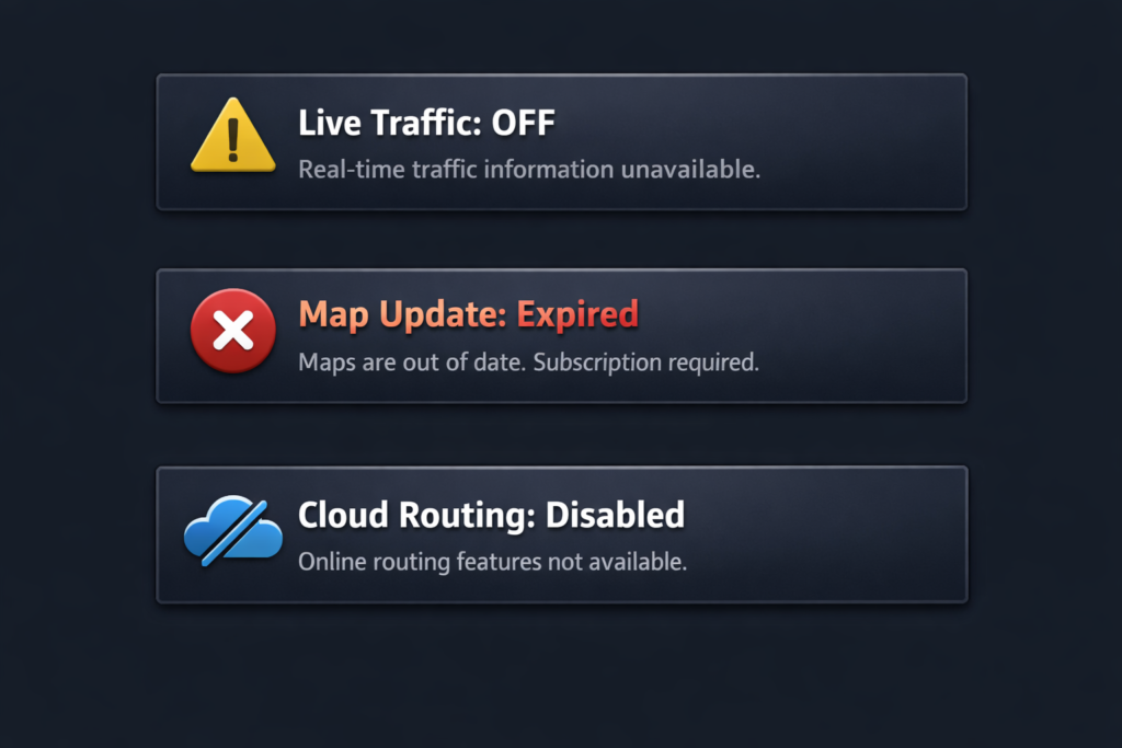 UI mock showing what features you lose without a subscription, including Live Traffic off, Map Update expired, and Cloud Routing disabled.