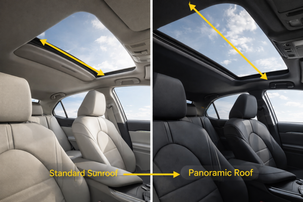 Timeline graphic explaining which Toyota Camry years have a sunroof, showing XV10–XV80 generations with sunroof and panoramic roof icons.