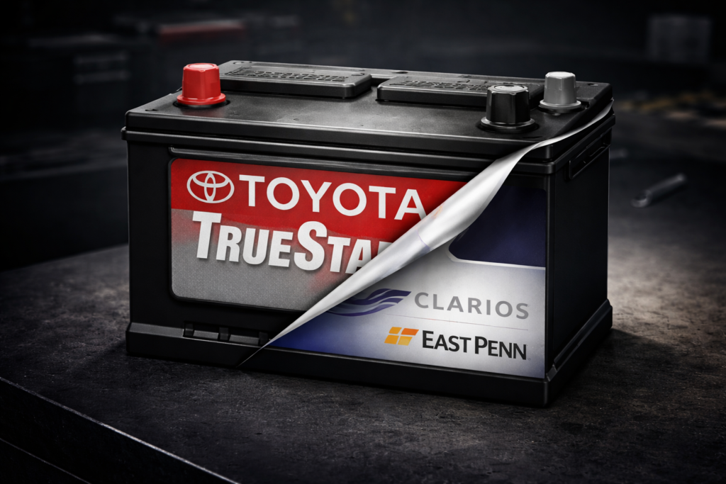 Toyota TrueStart battery showing hidden OEM makers like Clarios and East Penn Manufacturing behind the branded outer label

