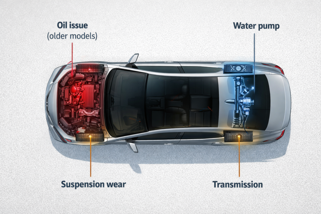 Toyota Camry problems diagram showing engine oil issues, water pump, suspension wear, and transmission area highlighted from top view
