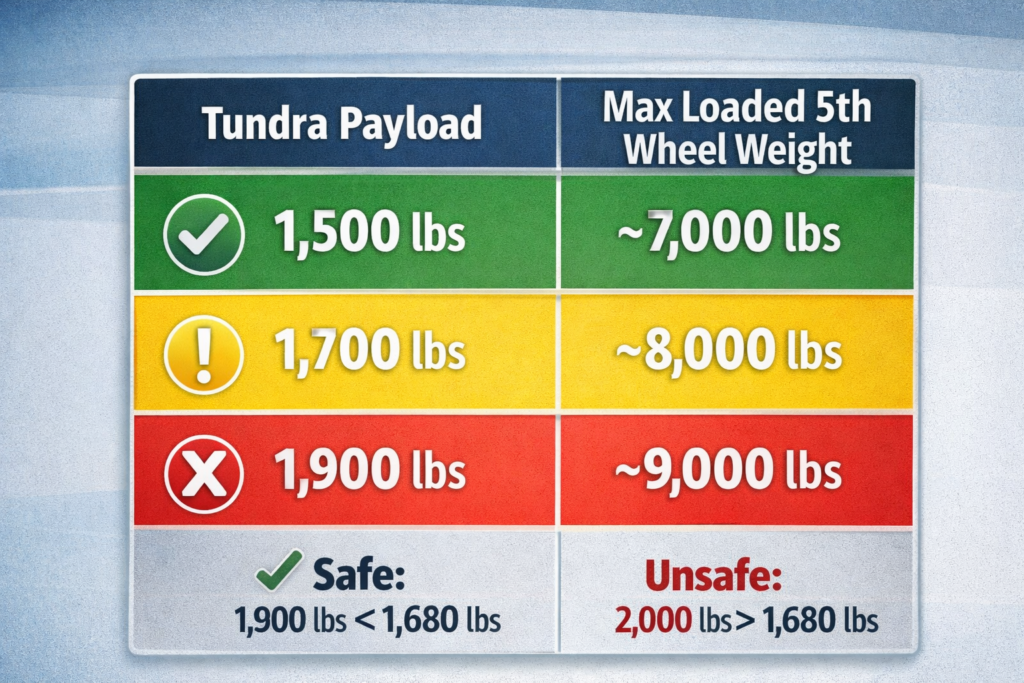 Visual table showing Toyota Tundra payload ranges vs safe fifth-wheel weights, highlighting safe, borderline, and unsafe limits.