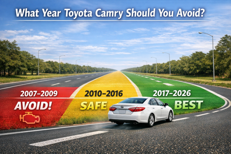 What Year Toyota Camry Should You Avoid? infographic comparing 2007–2009 models to avoid vs 2017–2026 best Camry years