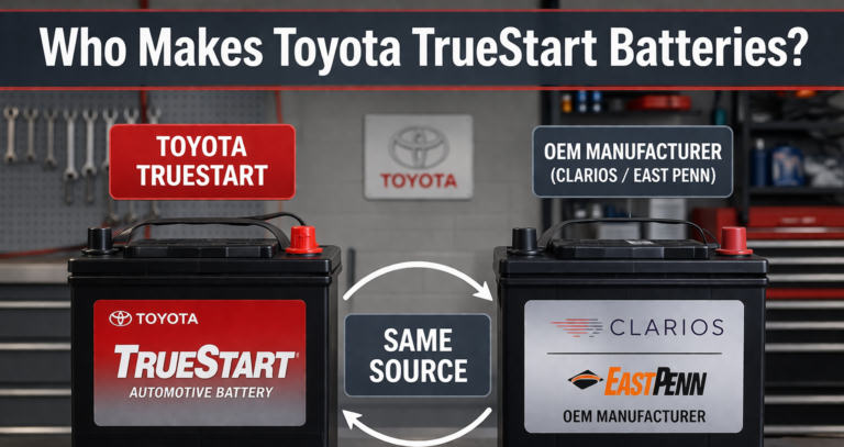 Who Makes Toyota TrueStart Batteries? side by side battery comparison showing Toyota TrueStart and OEM Clarios East Penn same source