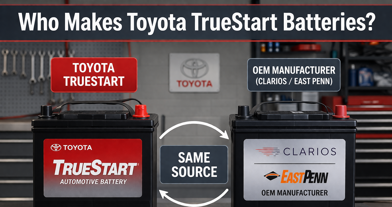 Who Makes Toyota TrueStart Batteries? side by side battery comparison showing Toyota TrueStart and OEM Clarios East Penn same source