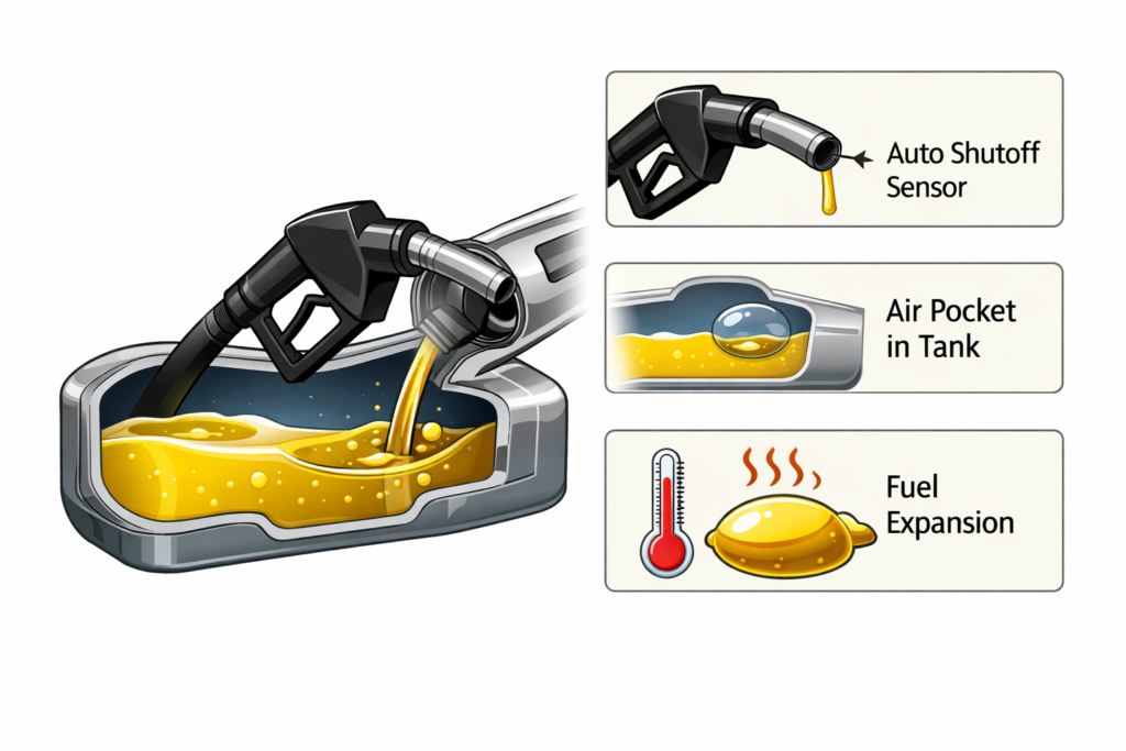 Car fuel tank not filling diagram showing nozzle, auto shutoff sensor, air pocket inside tank, and fuel expansion issue clearly
