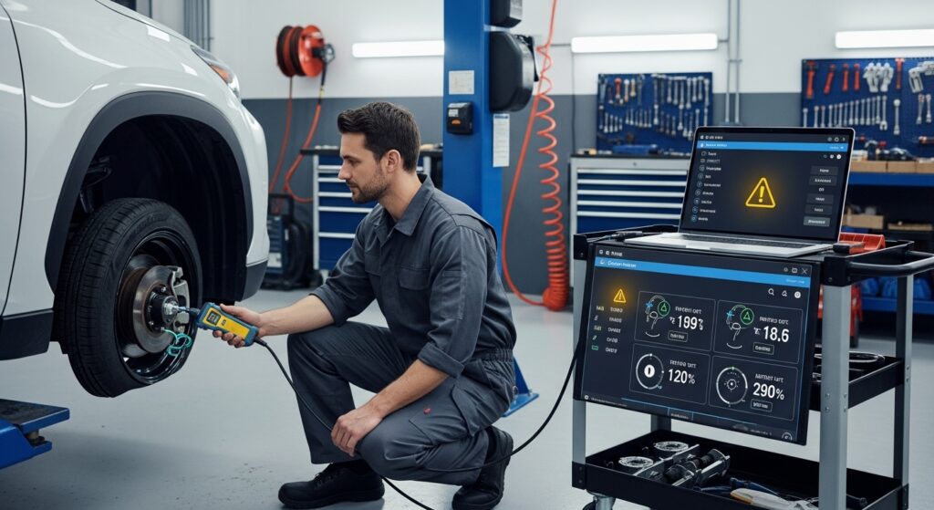 Car mechanic checking wheel sensor with diagnostic scanner in auto repair shop, brake system inspection on SUV with laptop tool
