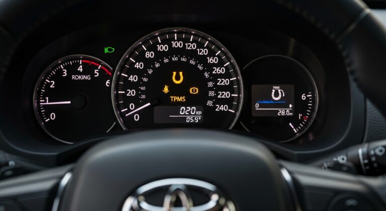 Close-up of Toyota dashboard showing blinking TPMS light, odometer, and steering wheel. Why Is My Tire Pressure Light Blinking Toyota?