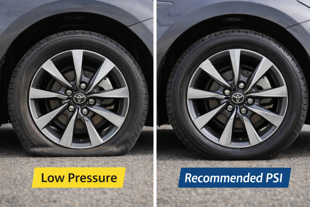 Toyota Camry tire pressure comparison showing low tire pressure vs recommended PSI, explaining why the TPMS light is on in a Toyota Camry.
