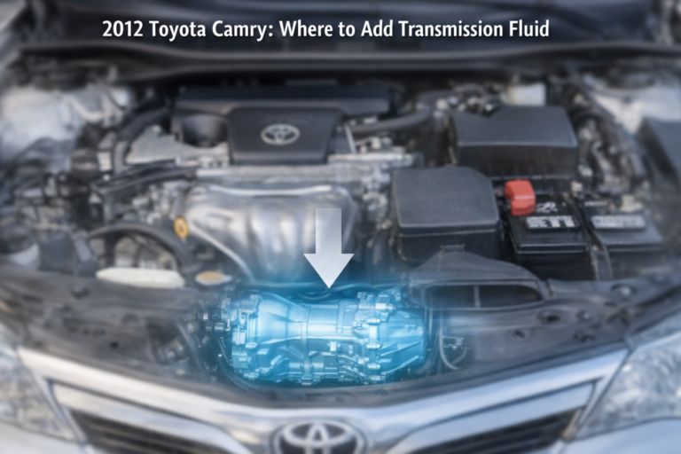 Where to Add Transmission Fluid in 2012 Toyota Camry? engine bay with blue transmission highlight and arrow to fill point