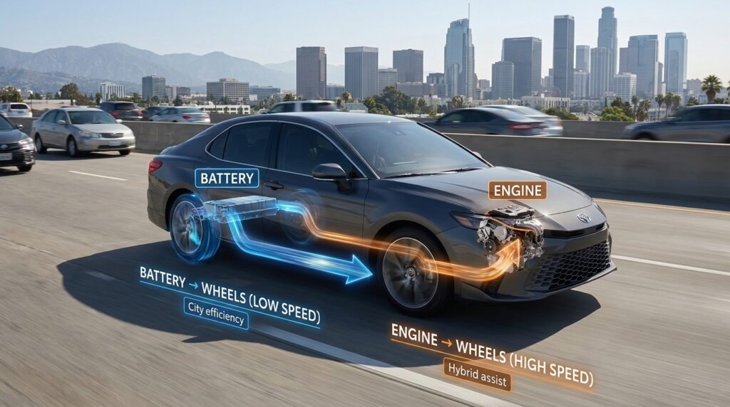 2026 Toyota Camry MPG hybrid diagram showing battery to wheels at low speed and engine assist at high speed for better fuel efficiency