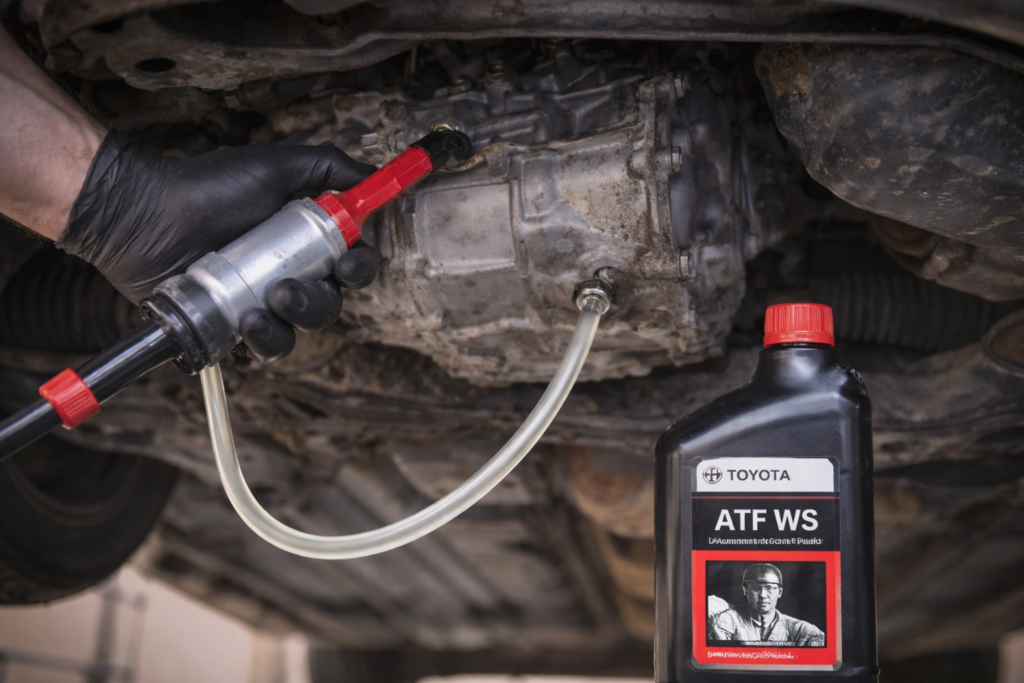 What Are The Honda Accord Trim Levels? hand using fluid pump to add transmission fluid into 2012 Camry fill hole with tube and bottle visible