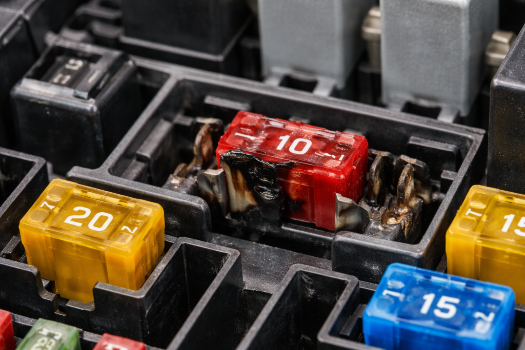 Can heat melt the fuse in the box? Close-up of melted fuse with burn marks inside slot showing real electrical damage clearly
