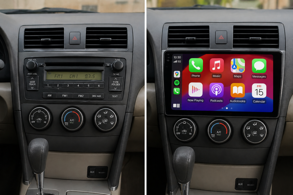 Older Toyota Camry upgraded with Apple CarPlay head unit, showing before and after dashboard transformation with modern screen