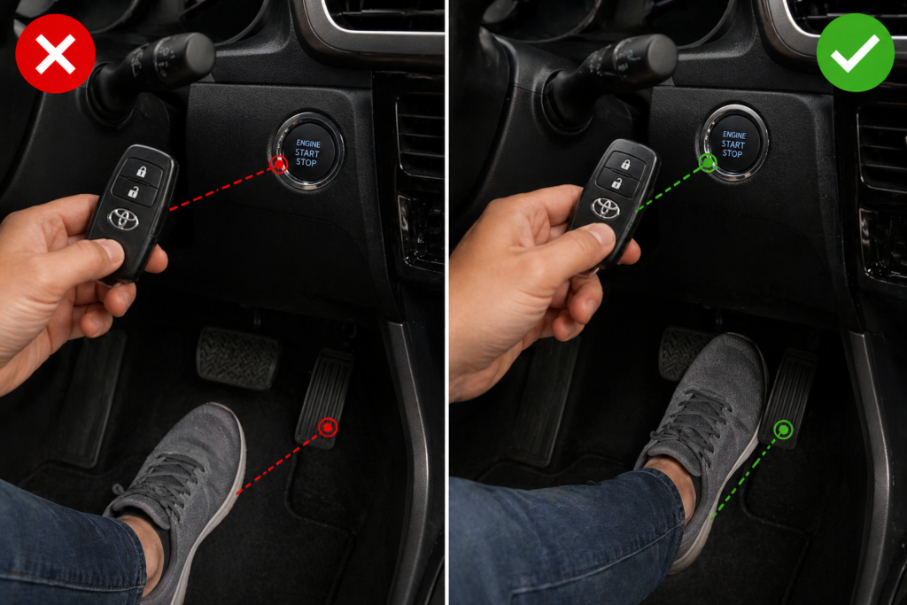 Common mistakes drivers make when starting a Toyota Camry: key too far, brake missed vs key touching button and brake pressed.