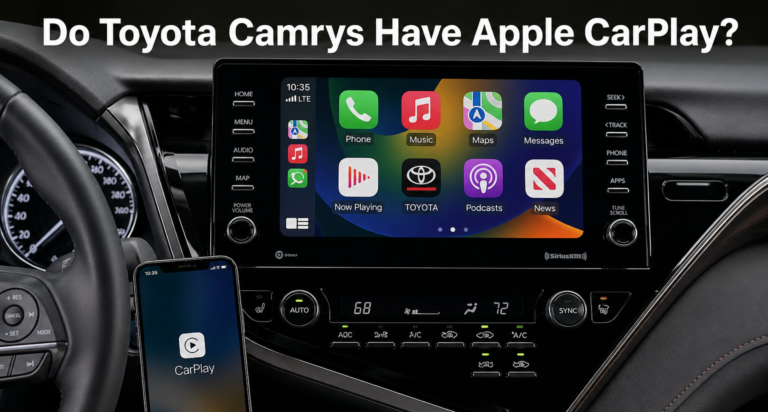 Do Toyota Camrys Have Apple CarPlay? Interior view showing CarPlay active on infotainment screen with iPhone connected in Camry dashboard