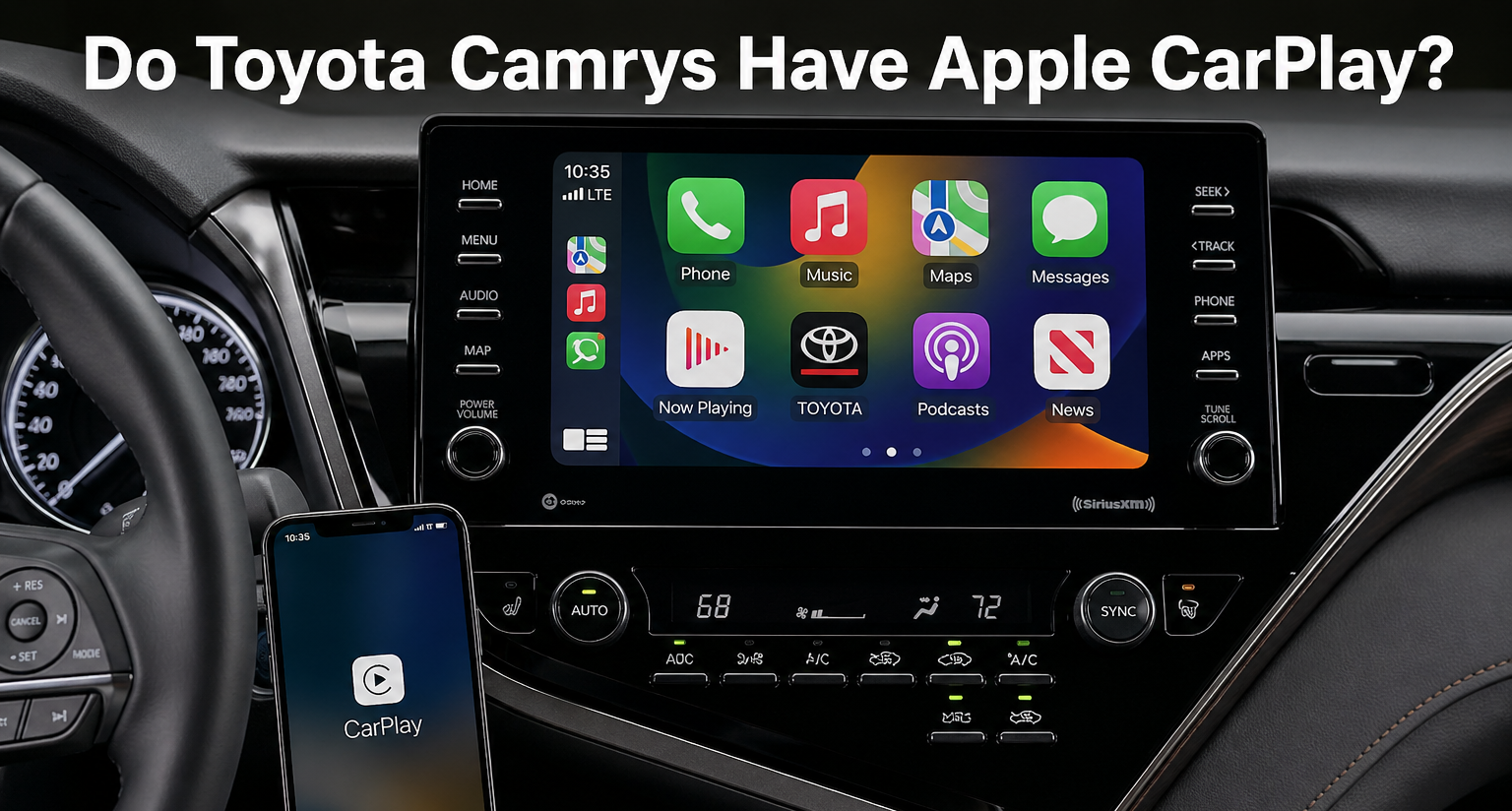Do Toyota Camrys Have Apple CarPlay? Interior view showing CarPlay active on infotainment screen with iPhone connected in Camry dashboard